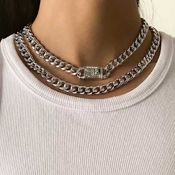Silver Lock Zircon Choker Multilayered Choker - Picture 1 of 5